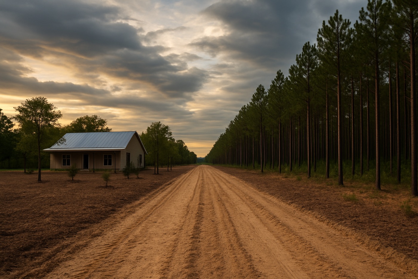Cleared defensible space buffer between a Bastrop County home and dense loblolly pine forest