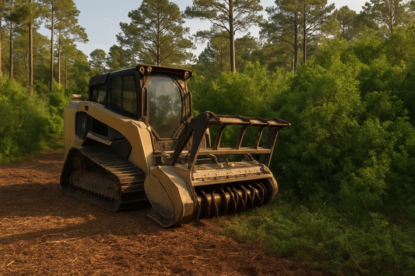 Forestry mulcher clearing dense cedar and brush on Bastrop County, Texas acreage