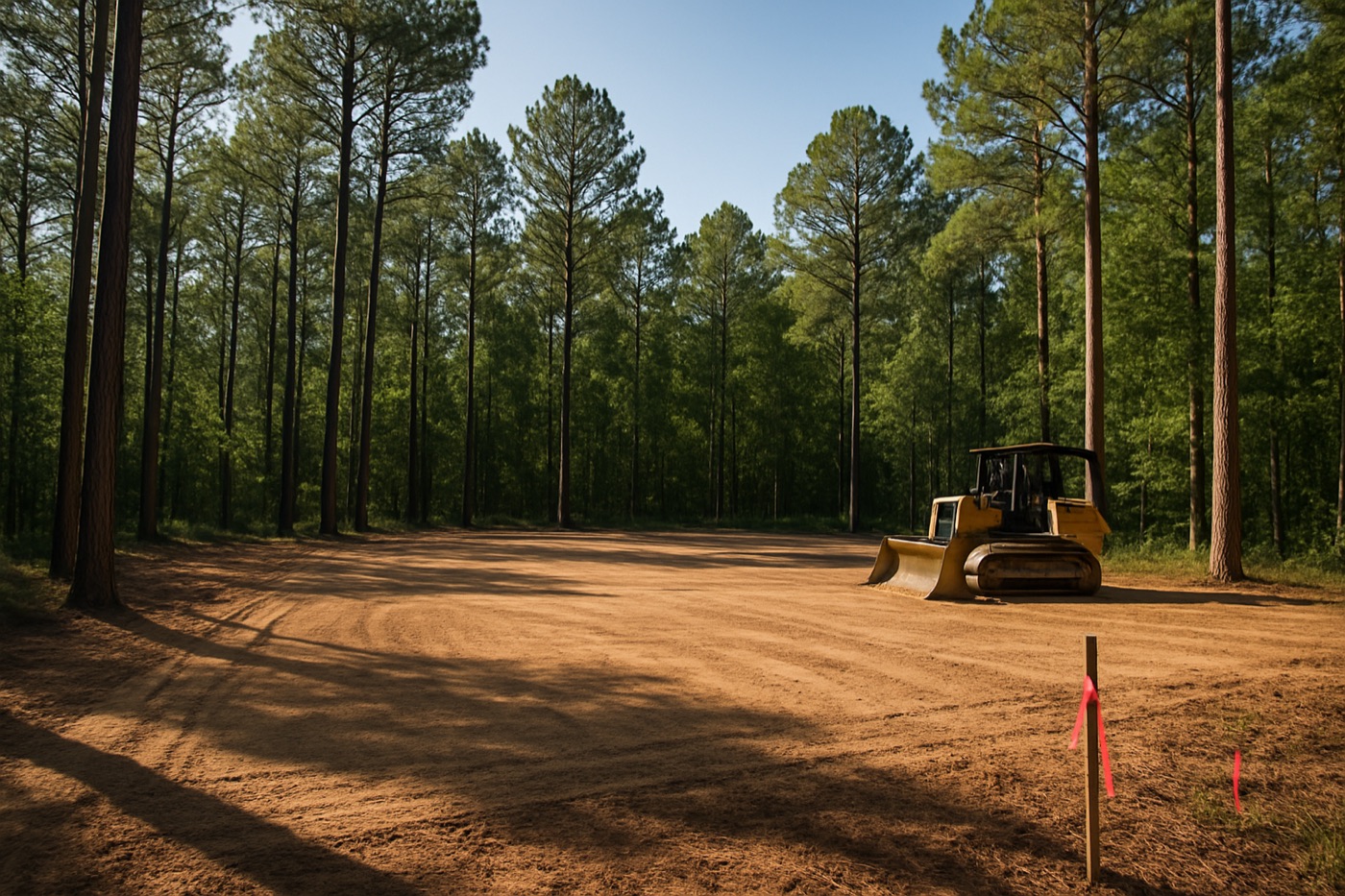 Cleared and graded homesite pad among pines in Bastrop County with surveyor stakes