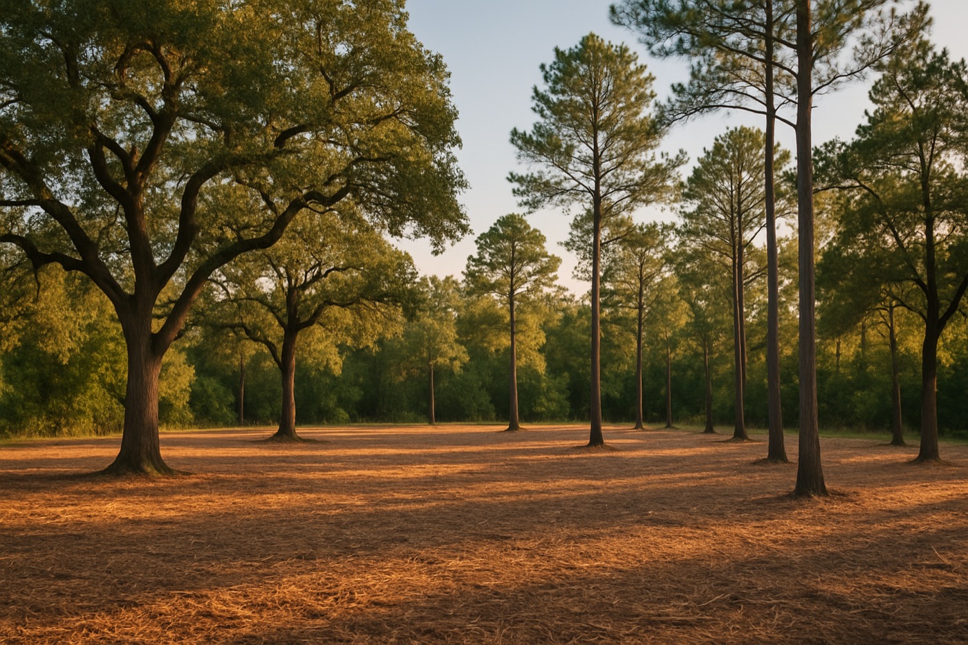Park-like Texas woodland after selective underbrush clearing with mature oaks and pines standing
